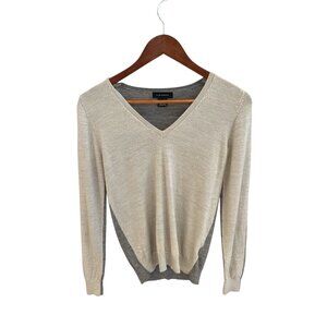 Club Monaco Womens V-Neck Two-Tone Sweater M 100% Merino Wool Gray & Beige